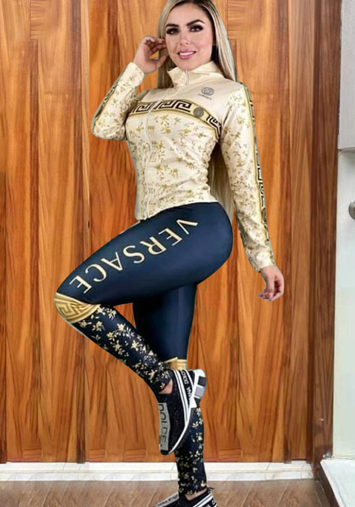 Women's Casual Fashion Color Block Print Long Sleeve Zipper Two-Piece Pants Set