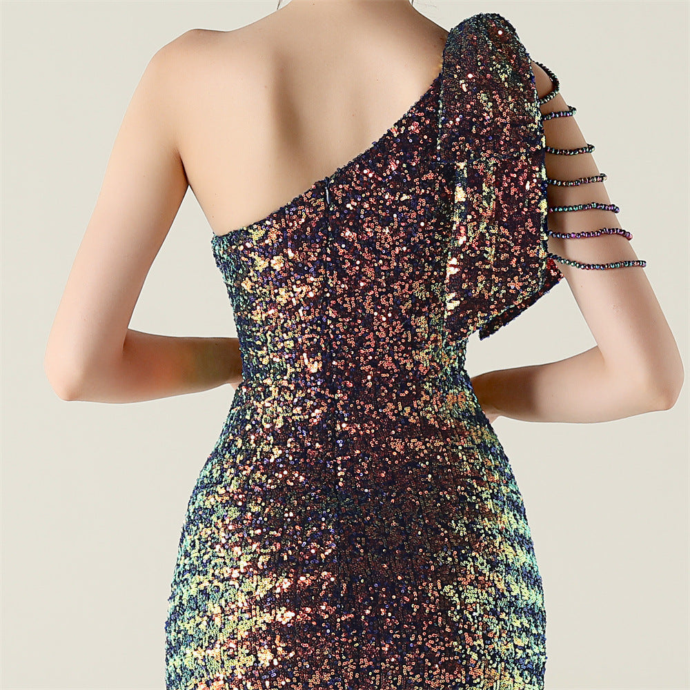 Plus Size Women clothing one-shoulder nail flower beaded evening dress 38