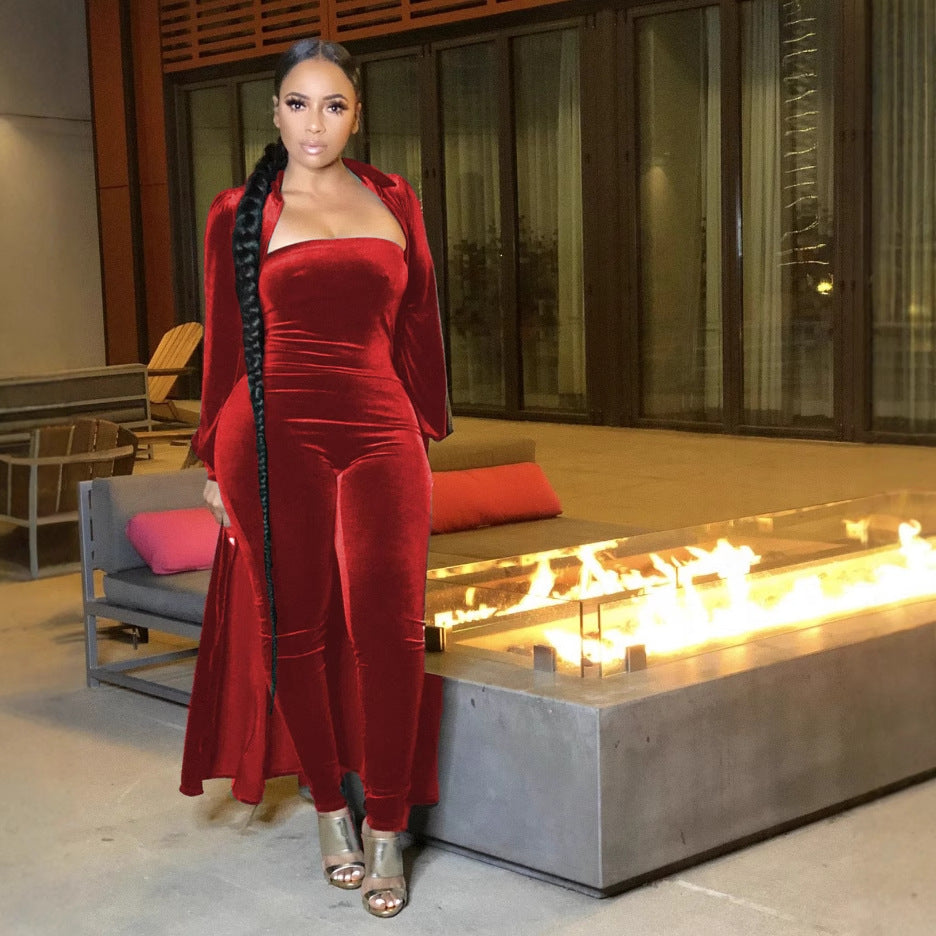 Sexy Velvet Strapless Women Jumpsuit Jacket Two Piece Set 12