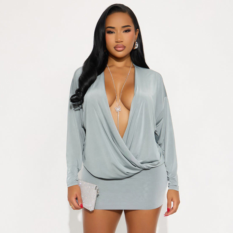 Women's Autumn Street Sexy Deep V Bat Sleeves Long Sleeve Dress 12