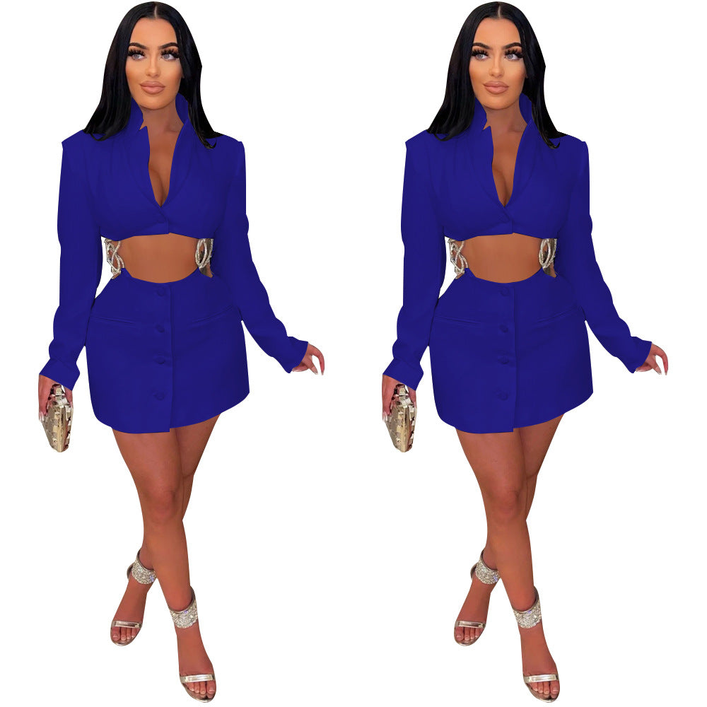 Women Deep V Neck Solid Beaded Chain Dress 6