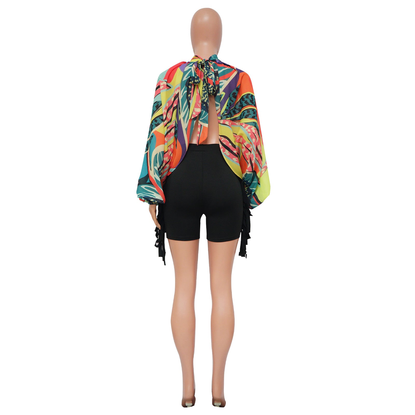 Women's Summer Lace-Up Printed Chiffon Shirt Bat Sleeves Top 26