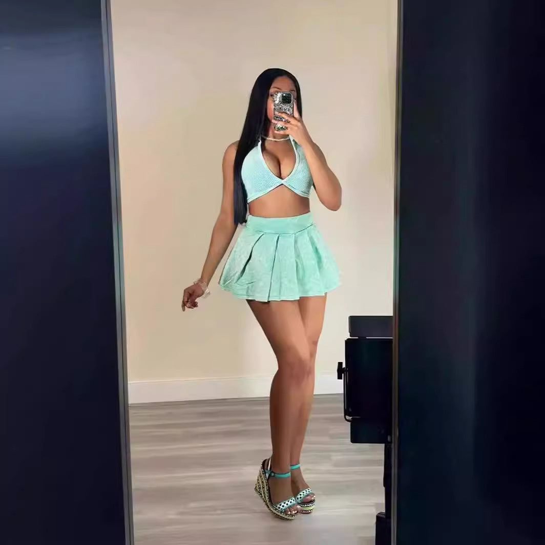 Women Sexy Summer Turndown Collar V-Neck Ribbed Short Top Mini Skirt Two-Piece Set 3