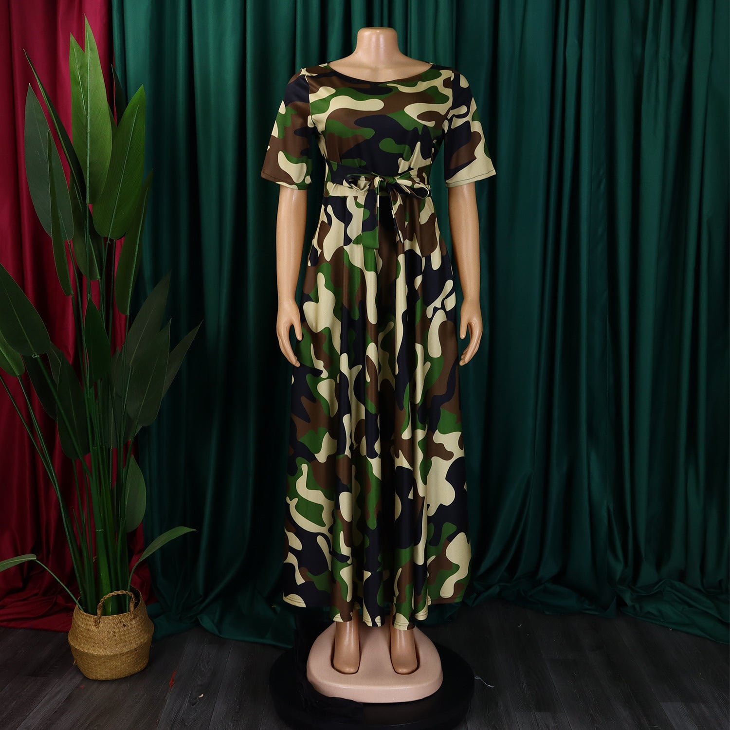 Women's Fashion Chic Tie-Waist African Plus Size Short Sleeve A-Line Dress 25