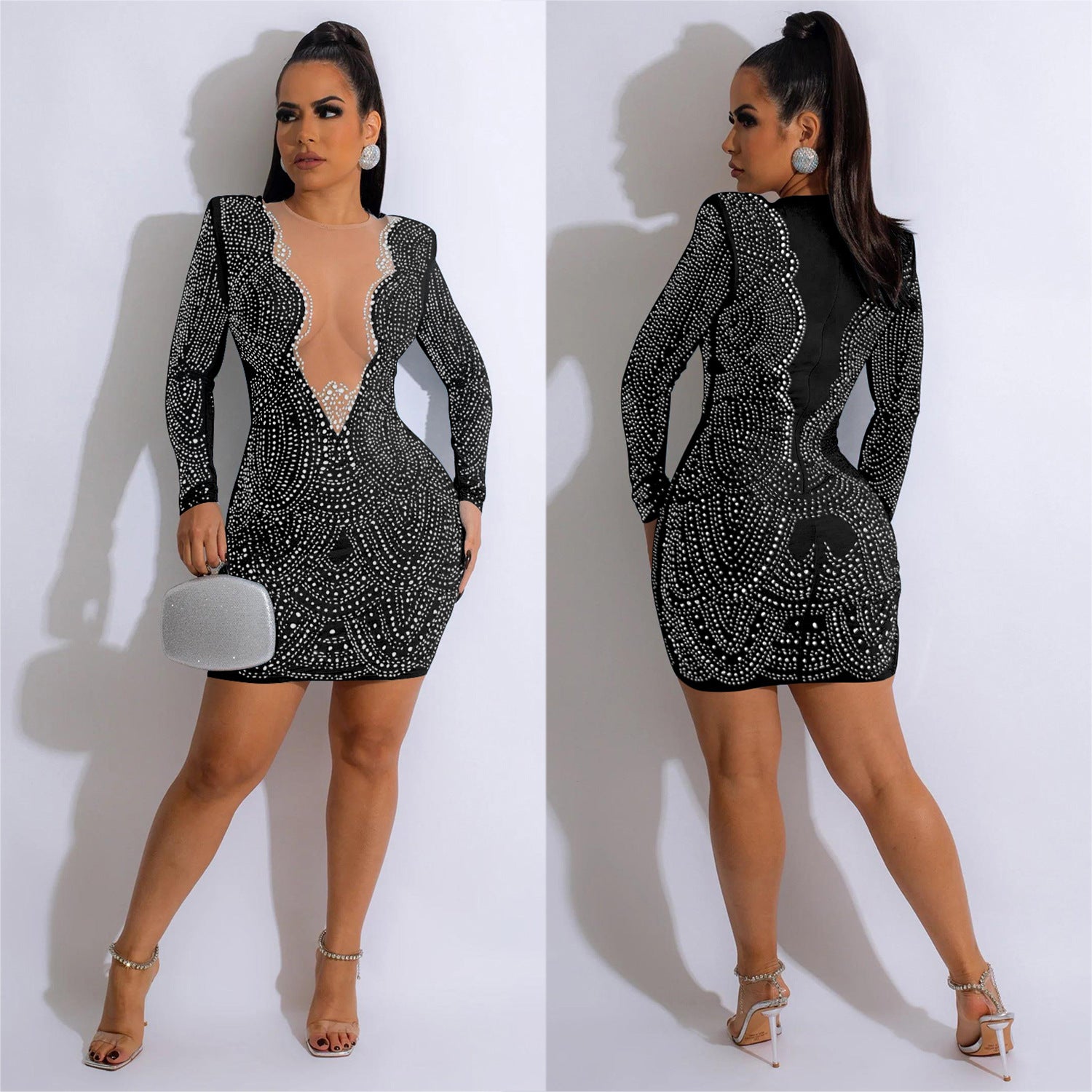 Women's Fashion Solid Color Beaded Mesh V-Neck Long Sleeve Dress（customized,MOQ 6pcs/size/color,process time 7-10 days）