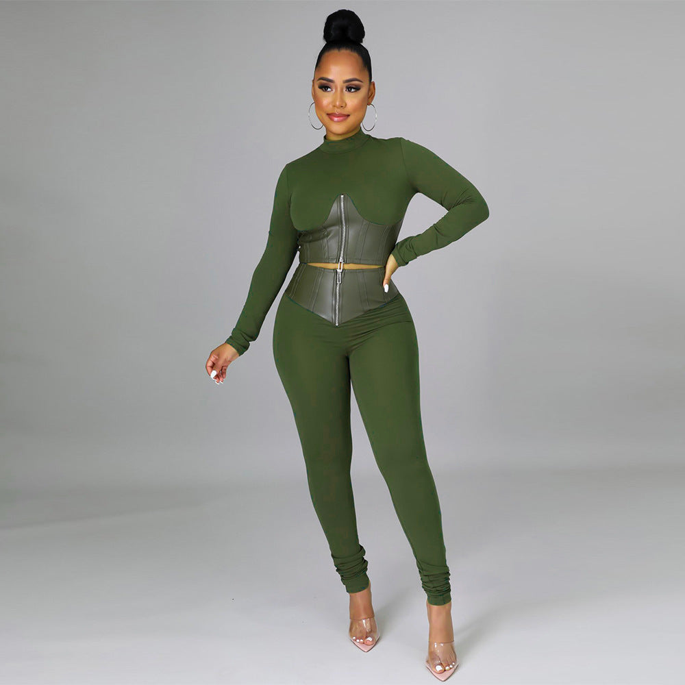 Women Fashion PU-Leather Patchwork Long Sleeve Solid Top and Pant Two-piece Set 3