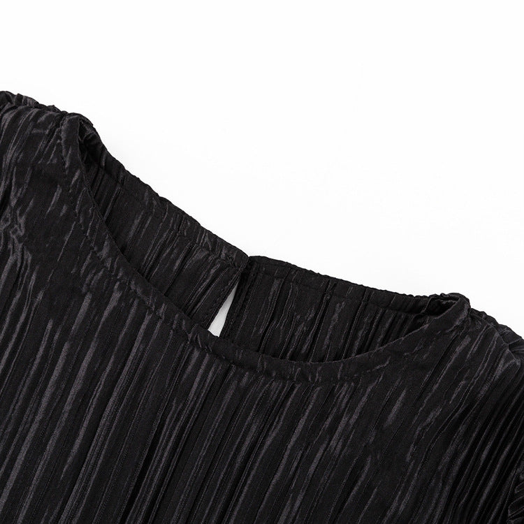 Women's Autumn Round Neck Belt Bell Bottom Long Sleeve Long Pleated Dress 23