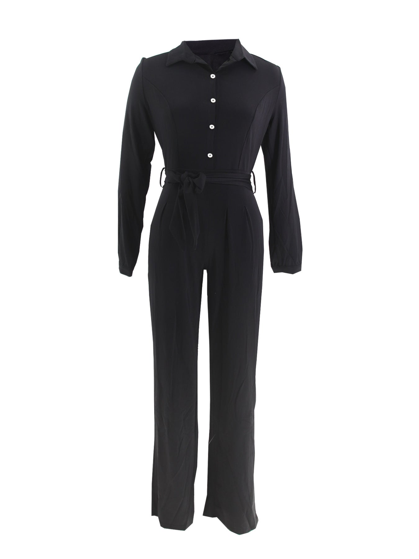 Women Solid Casual Shirt Collar Jumpsuit with Belt 4