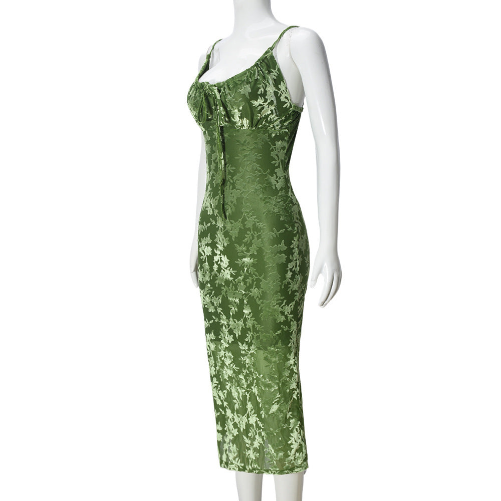 Spring Strap Flocking Sexy Slim Midi Dress for Women 8