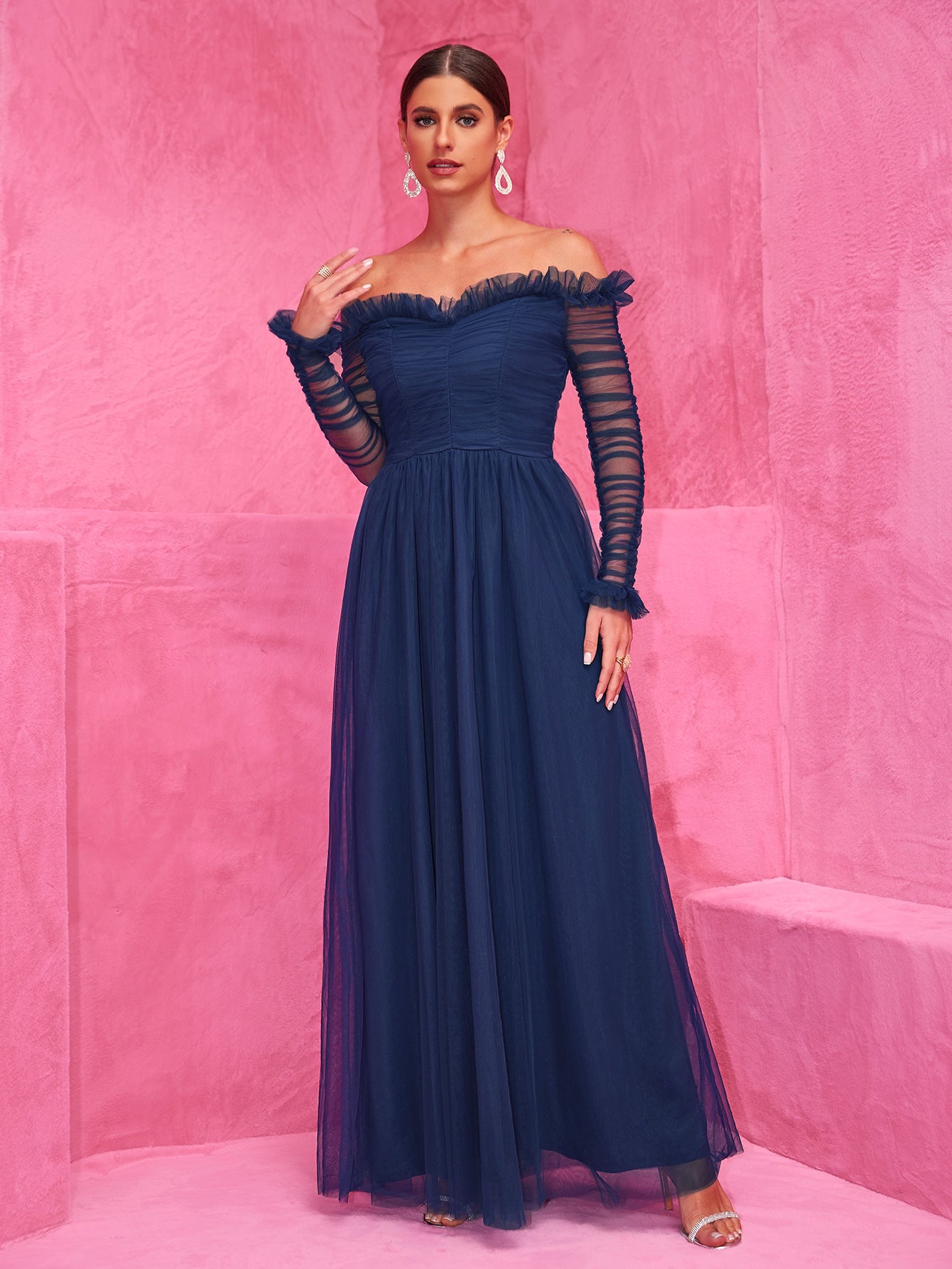 Women Patchwork Chiffon Off Shoulder Lace Evening Dress 3