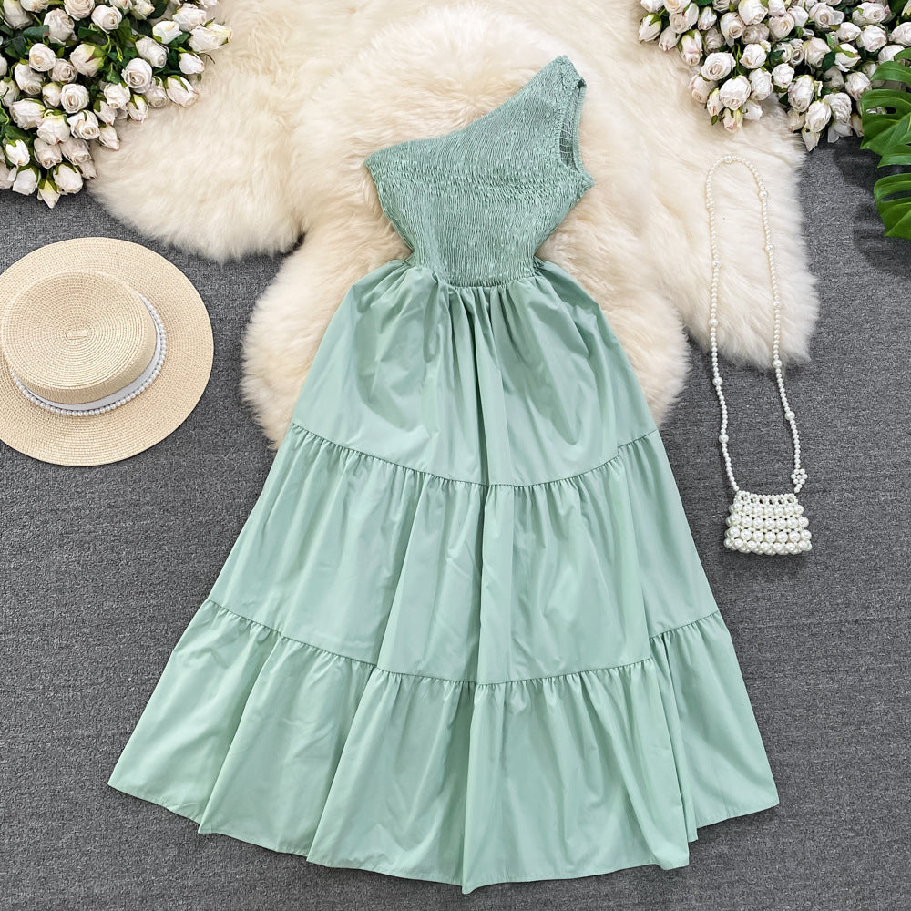 Retro Chic Sleeveless Slash Shoulder Slim Waist Slim Fit Beach Holidays A-Line Long Dress 8