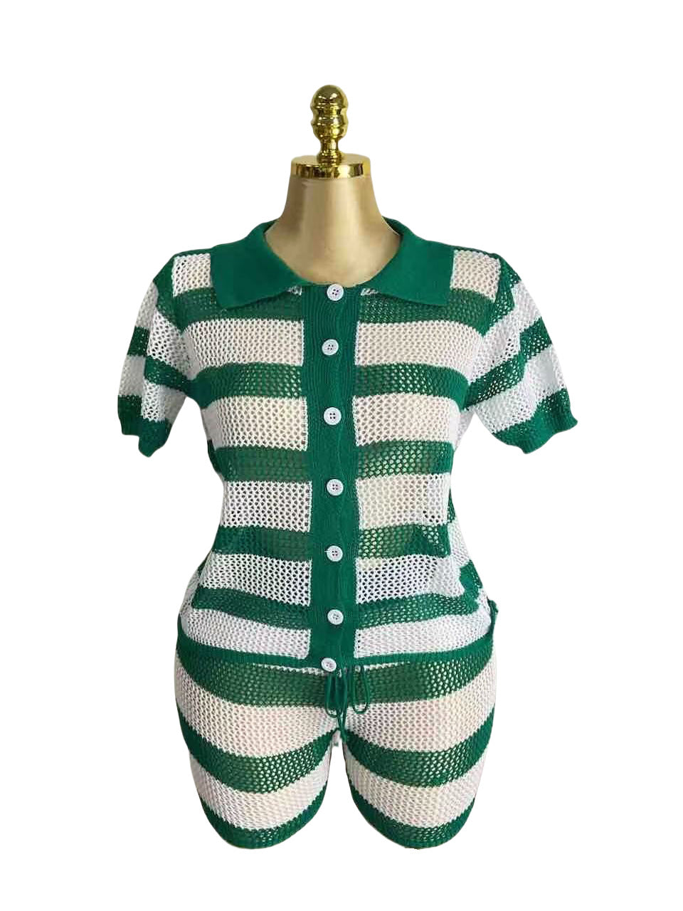 Knit Turn-Down Collar Stripe Loose-Fit Top & High-Waist Shorts Set 6