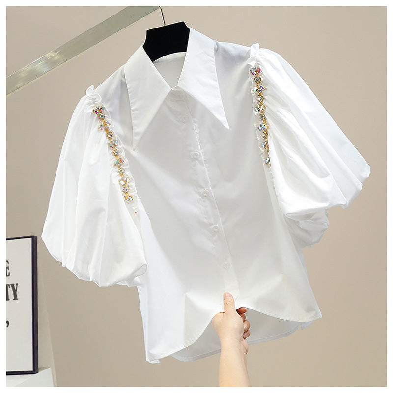Embellished Rhinestone Chain Fashion Slit Retro Puff Sleeve Shirt 9