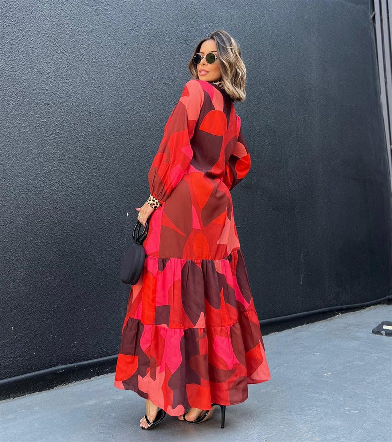 Women Autumn Printed Patchwork Button Casual Dress 5