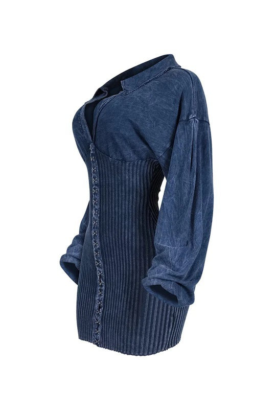 Deep V Women's Slim Patchwork Long Sleeve Denim Dress 5