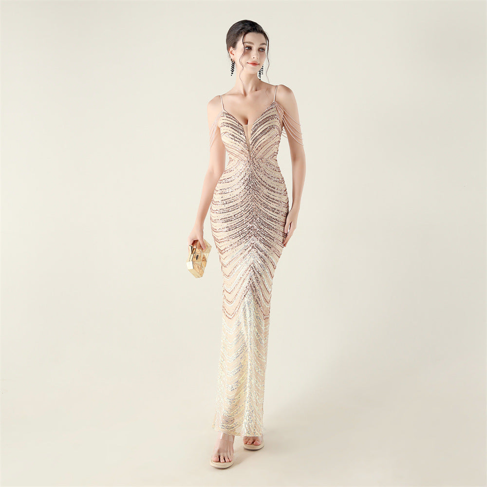 Plus Size Women V Neck Wave Gradient Beaded Beaded Formal Party Evening Dress 10