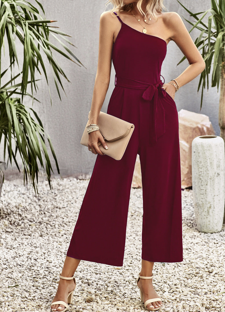 Slash Shoulder Belted Jumpsuit Women'S Spring Summer Chic Career Solid Color One Shoulder One Piece Wide Leg Pants 5