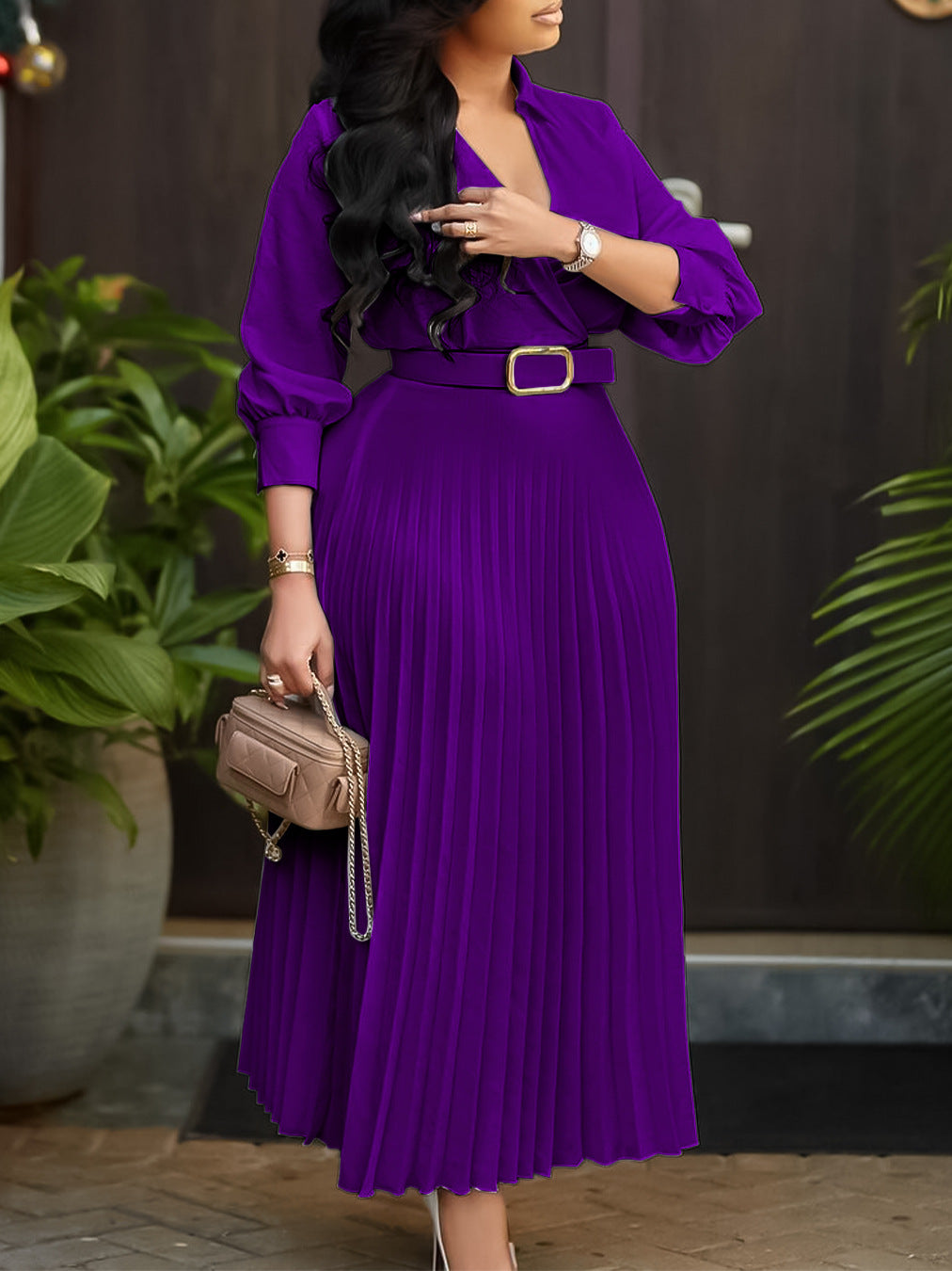Spring V-Neck Solid Long Sleeve Pleated Dress for Women 5