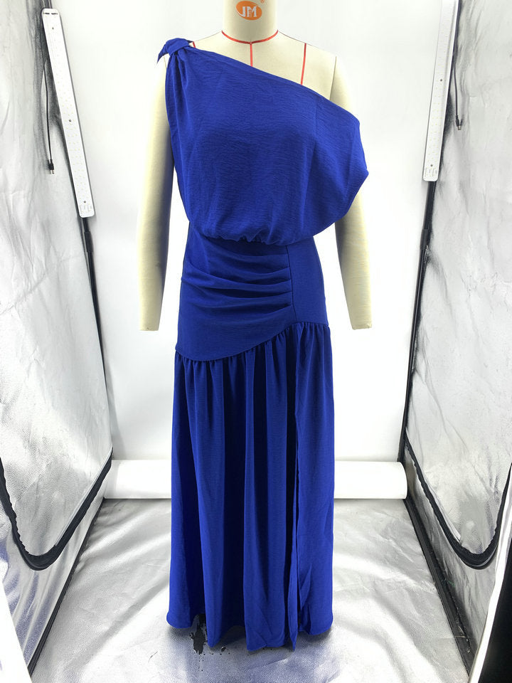 Solid Sexy Slash Shoulder Off-Shoulder Slim Waist Slit Gown Dress 15