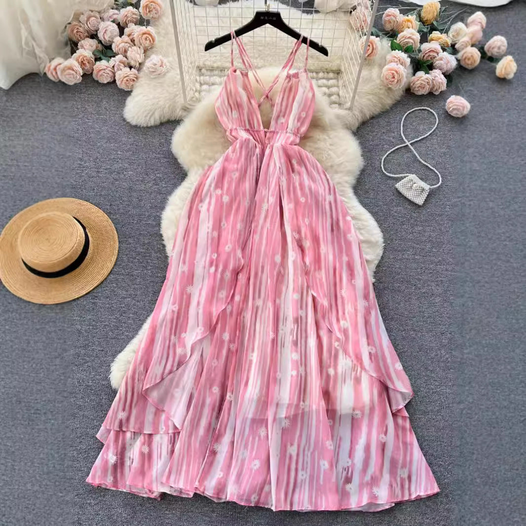 Women Sexy Strappy Holidays V-Neck Backless Dress