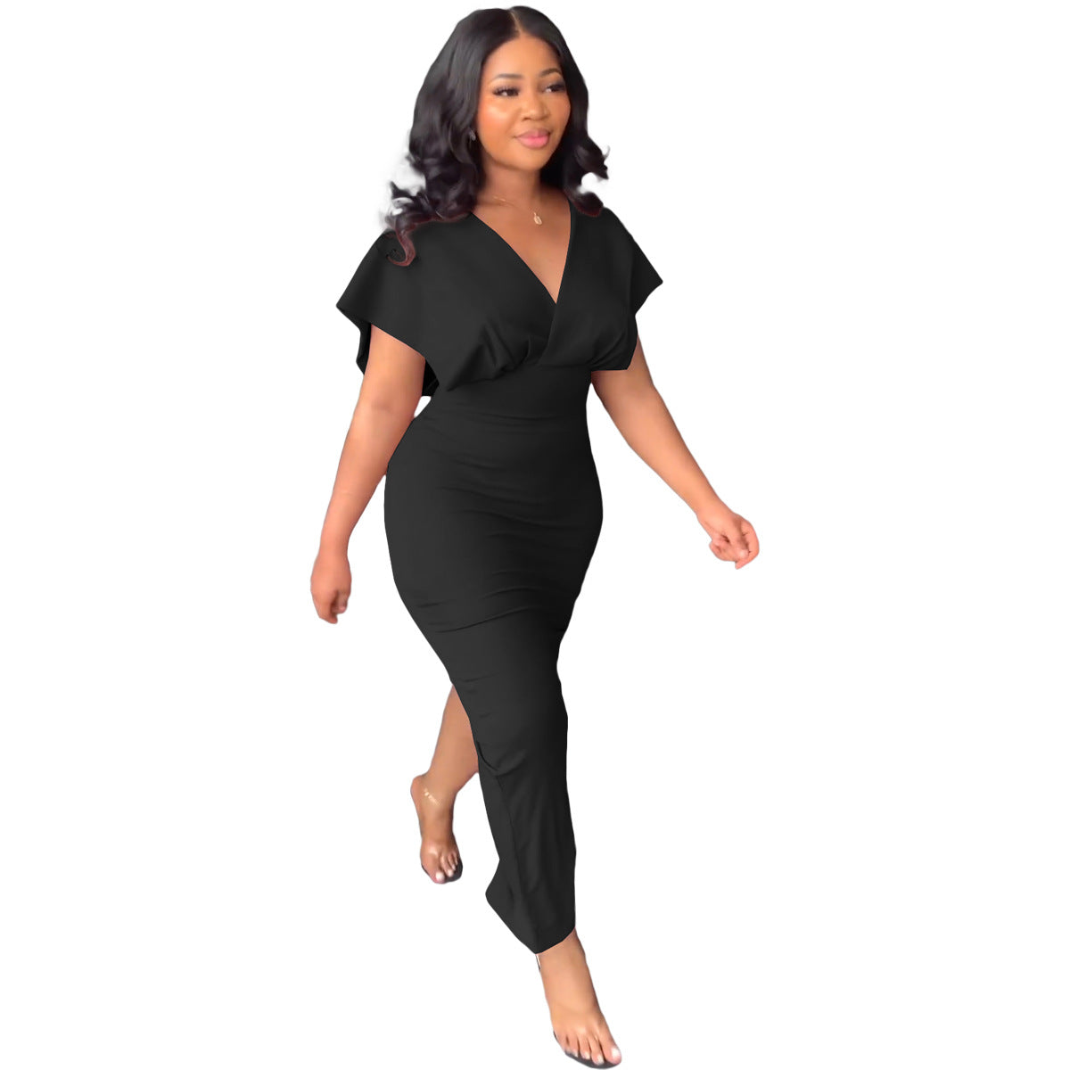 Women'S Fashion Casual Slit V-Neck Short Sleeve Midi Dress 5