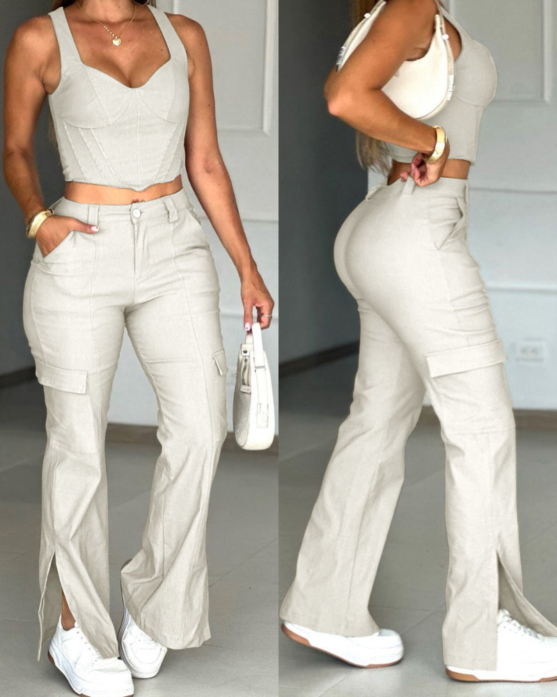 Women's Slim Strap Top + Split Cargo  Pants Set 3