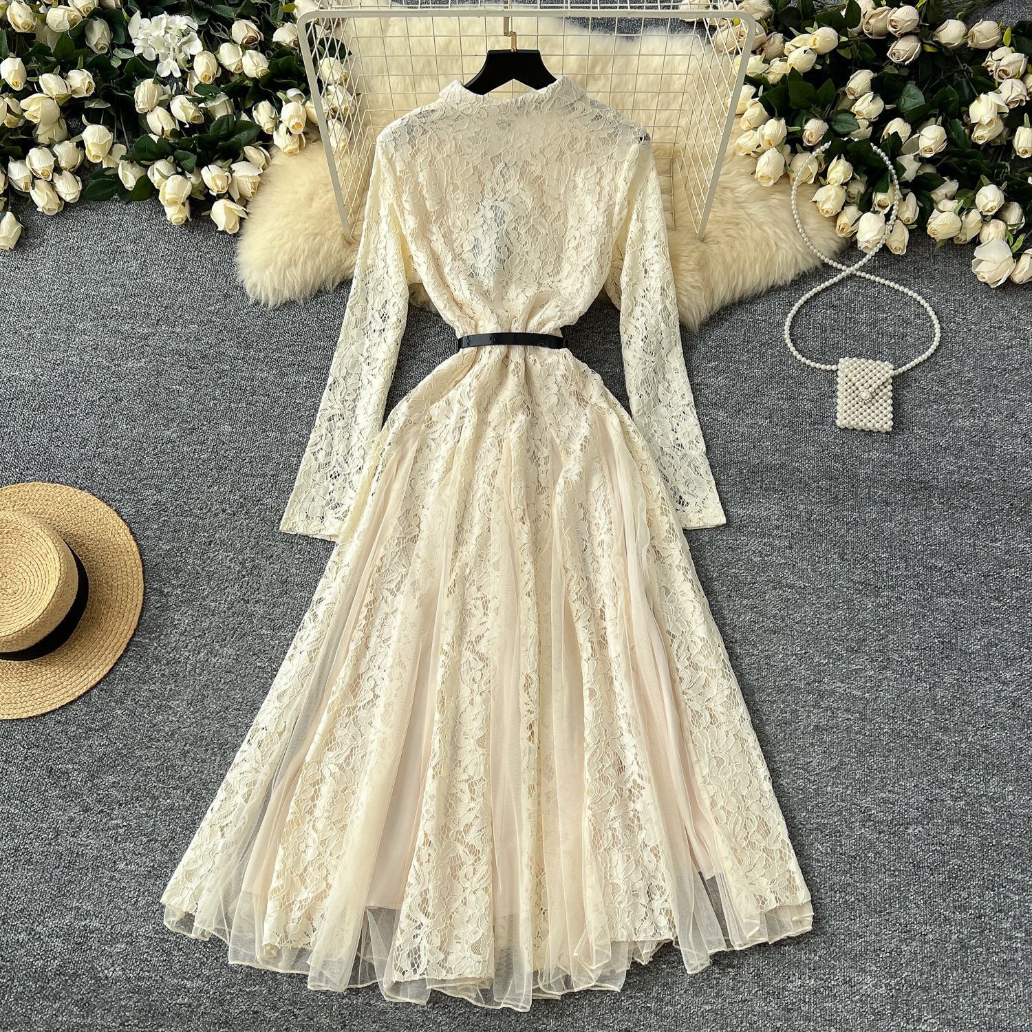 Elegant Women's Lace Patchwork Mesh Irregular Midi Dress 7