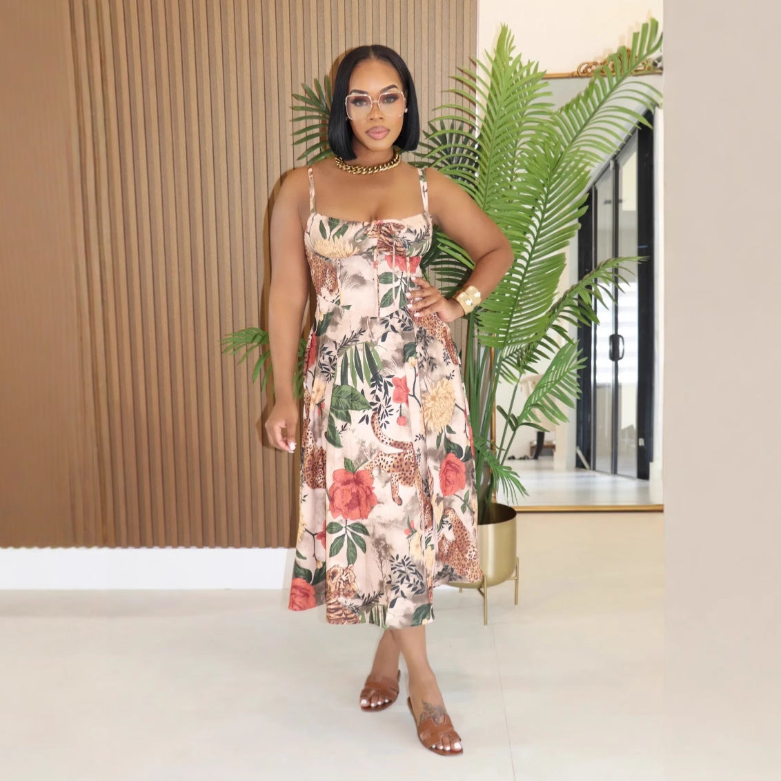 Women Sexy Slit Elegant Printed Strap Dress 4