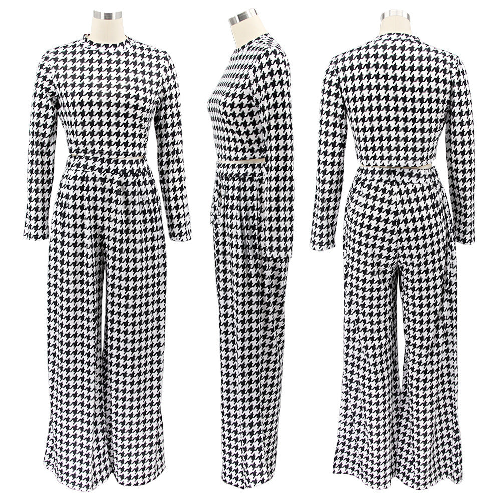 Women's Plaid Print Round Neck Long Sleeve Women's Casual Two Piece Pants Set 6