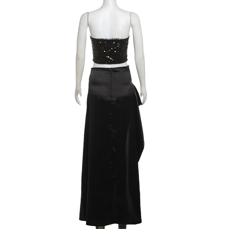 Women Sexy Sequin Strapless Top and Slit Skirt Two-piece Set 10