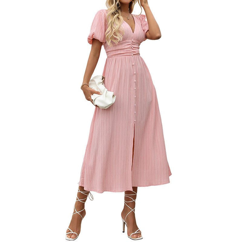 Women lantern sleeve summer v-neck split dress 6