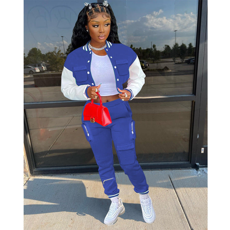 Women's Fall/Winter Casual Cargo Style Color Block Baseball Jacket Sweatpants Sports Two Piece Set 3