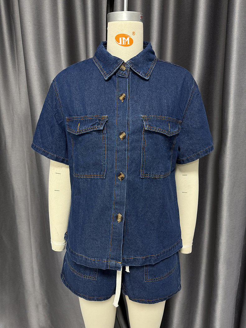 Women Retro Casual Pocket Short Sleeve Shirt and Denim Shorts two-piece set 18