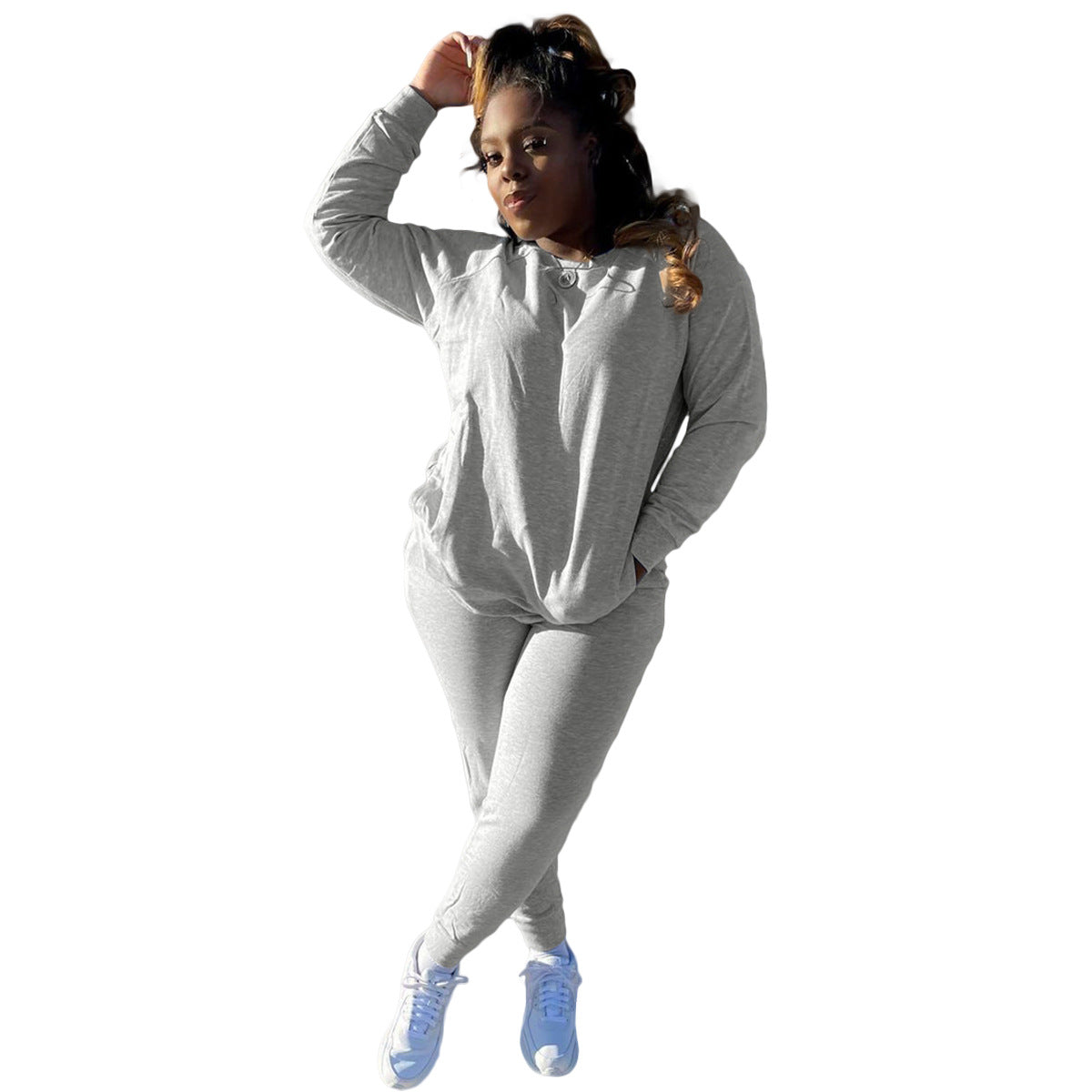 Women's Autumn winter solid color cotton drawstring pocket sports longs leeve two-piece pants set 13