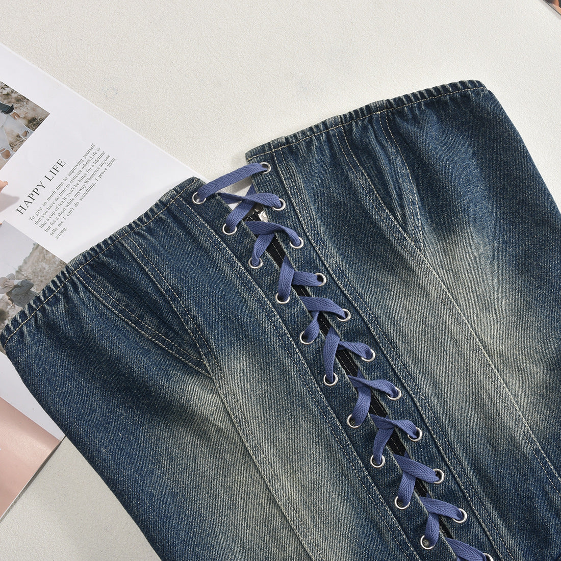 Women zippered chest-wrapped sexy Denim ruffle skirt 14