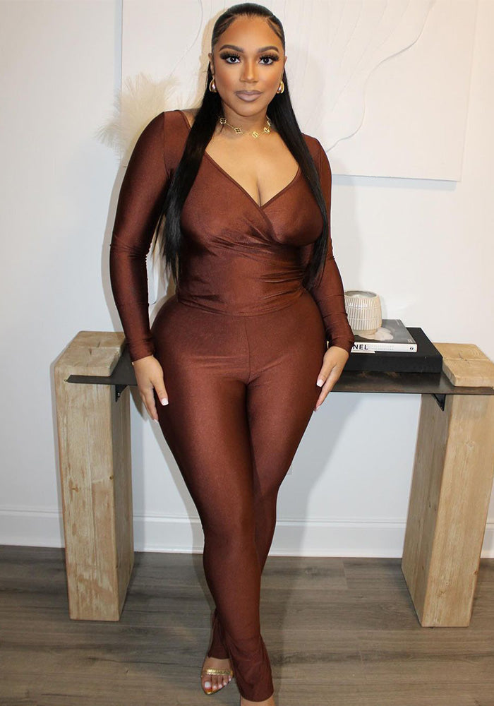 Women Solid v-neck sexy long-sleeved Top And trousers two-piece set