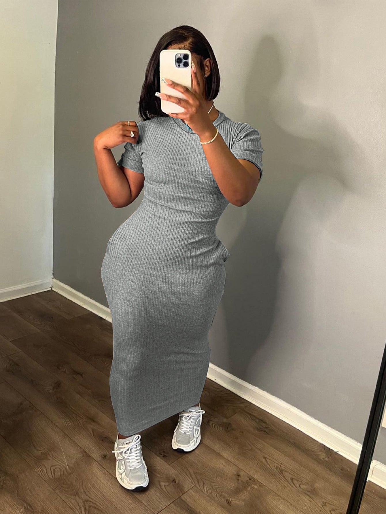 Summer Women's Fashion Round Neck Solid Rib Short Sleeve Sexy Slim Long Dress 4