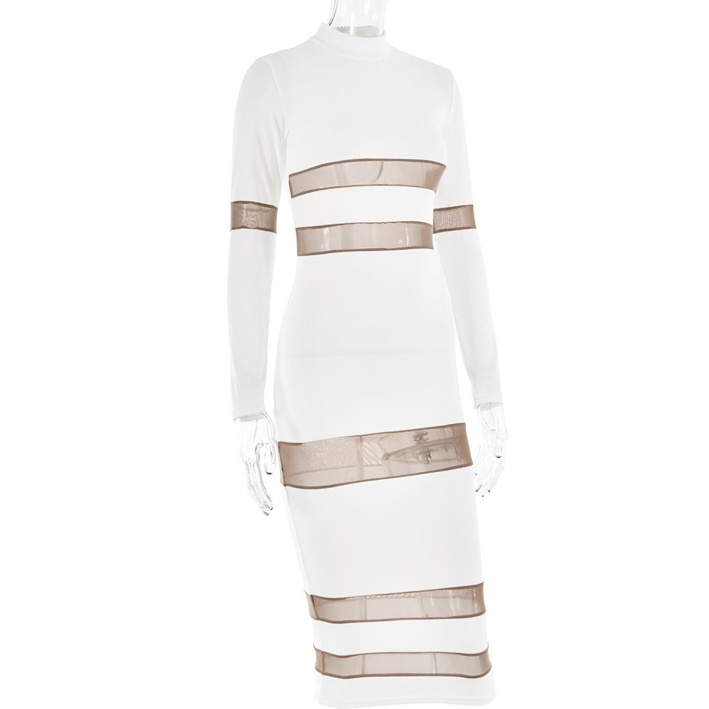 Women Round Neck Patchwork See-Through Long Sleeve Dress 12