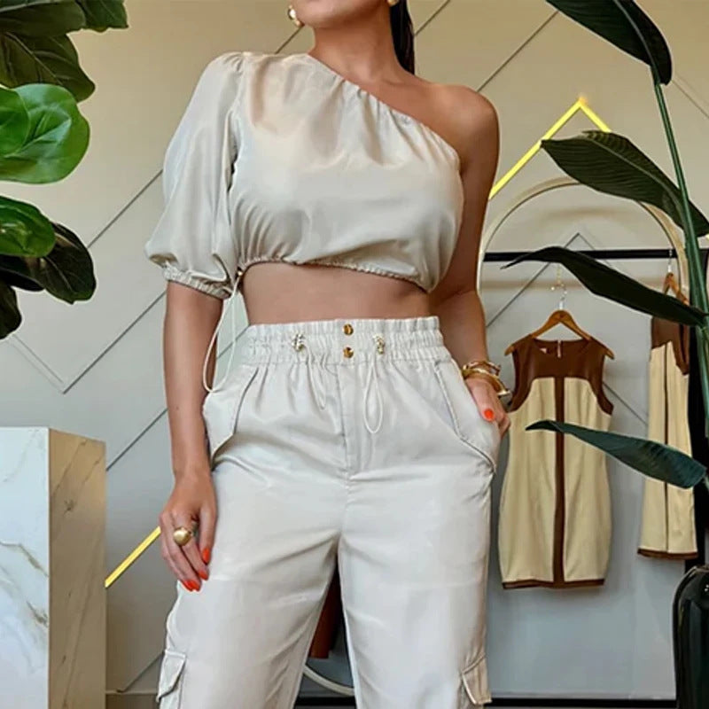 Women Summer Slash Shoulder Raglan Sleeve Top And Long Pants Two-Piece Set 3