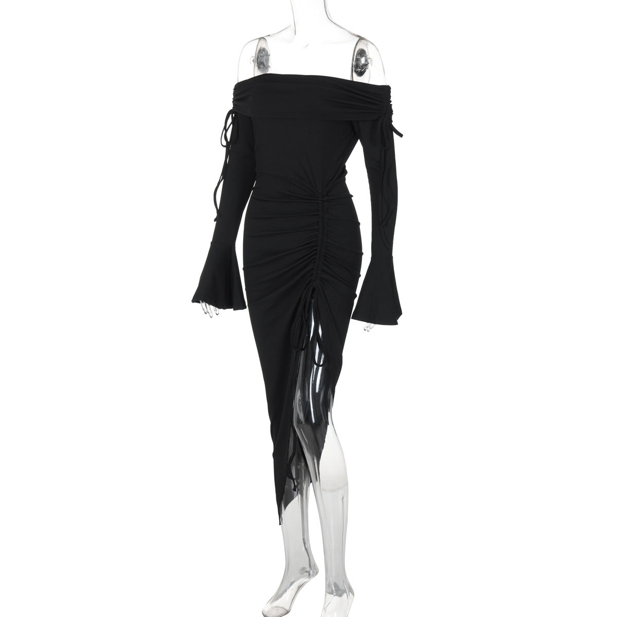 Women Ruffled Autumn Ribbed Sexy Off Shoulder Slit Bell Bottom Sleeve Dress 10