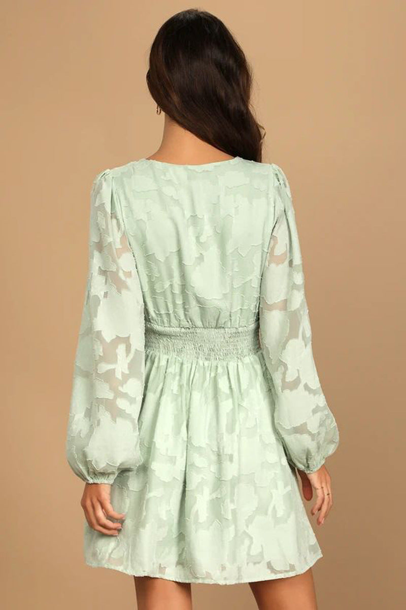 Women's long sleeve Casual V-neck chiffon hollow jacquard a-line dress 5