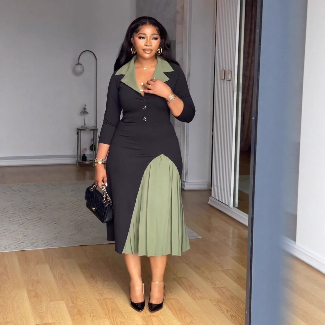 Elegant Career Turndown Collar Slim Waist Color Block Patchwork Pleated Dress