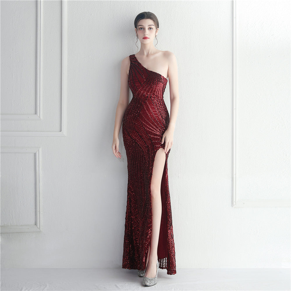 Sexy Sequins One Shoulder Slash Shoulder Formal Party Evening Dress 7