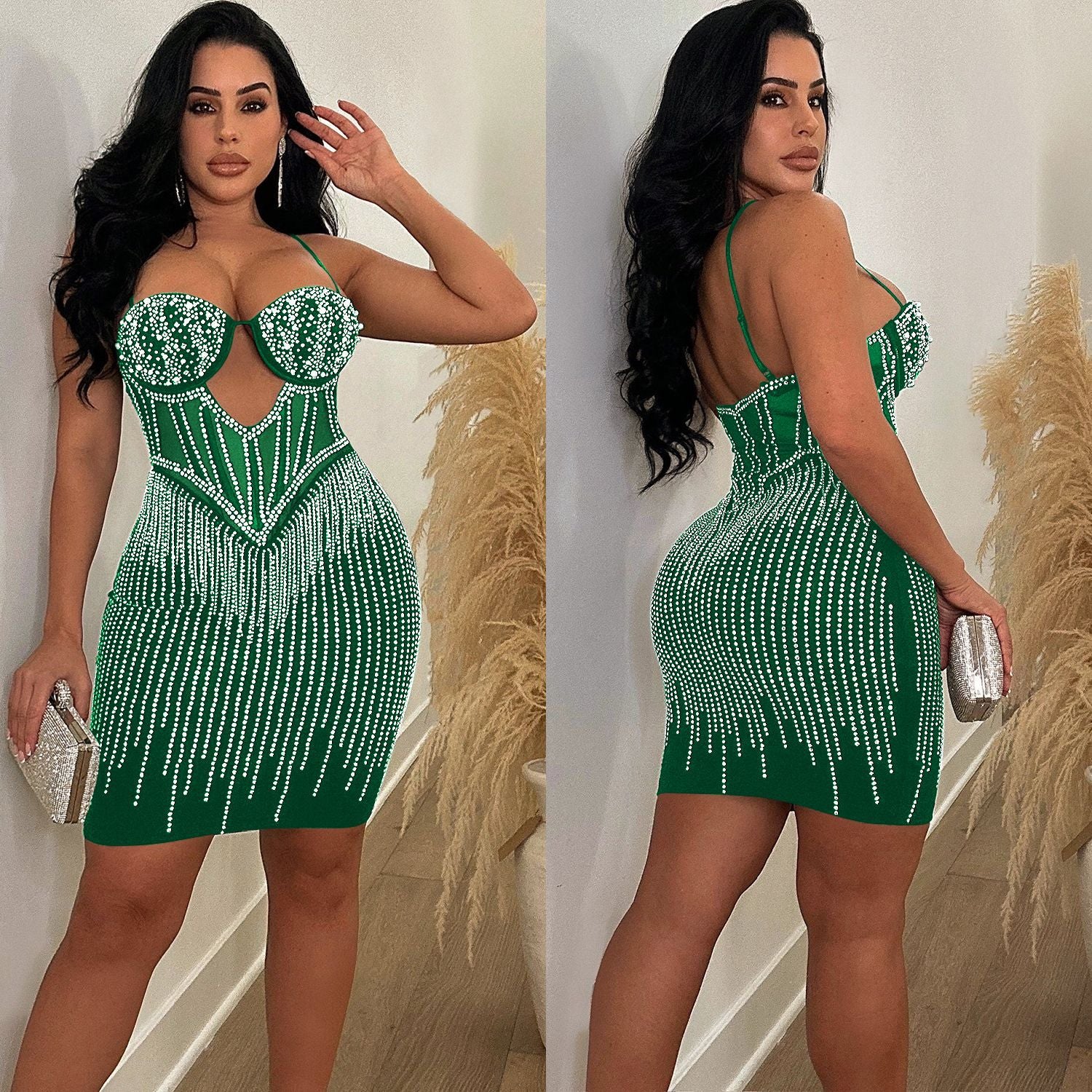 Fashionable Women's Solid Color Mesh Beaded Suspender Skirt Dress 4