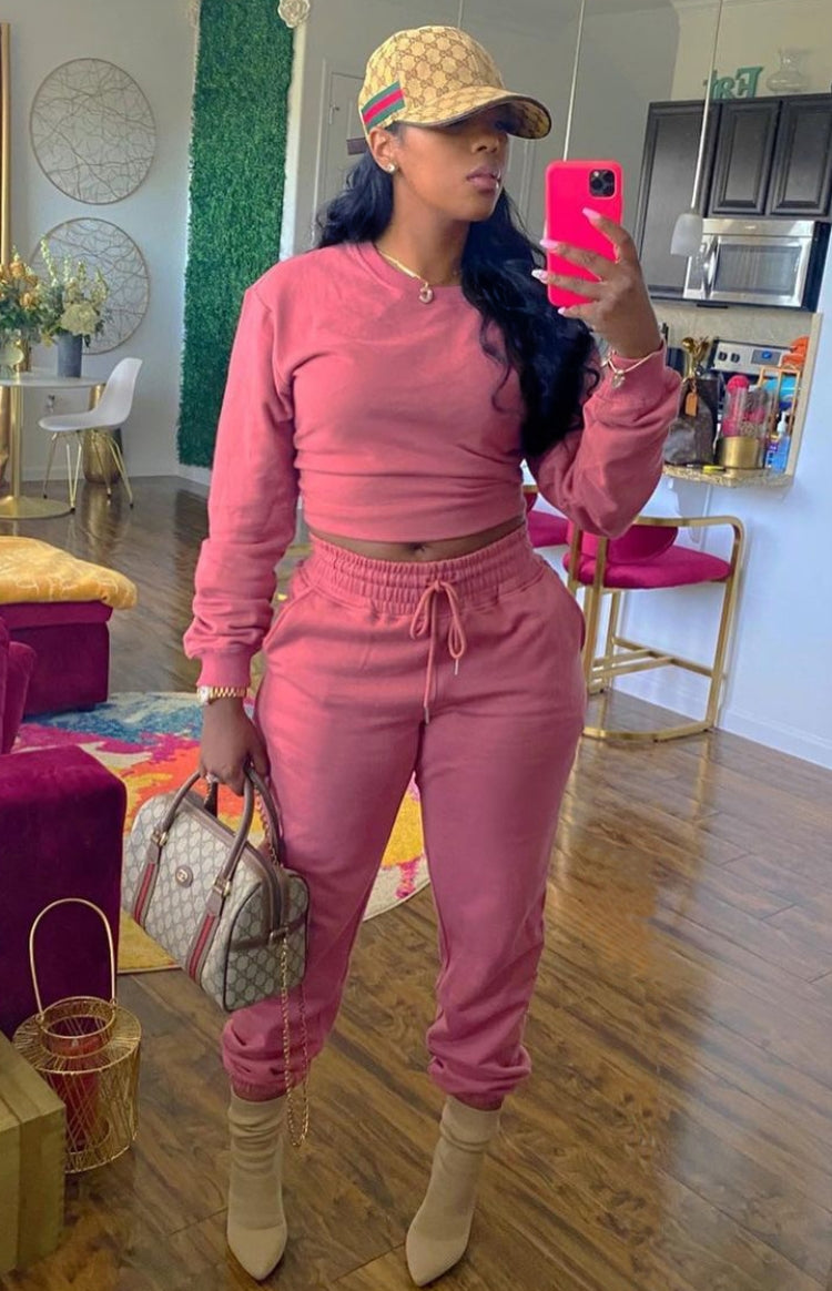 Autumn Casual Pink Crop Top and Sweatpants 2 Piece Tracksuit