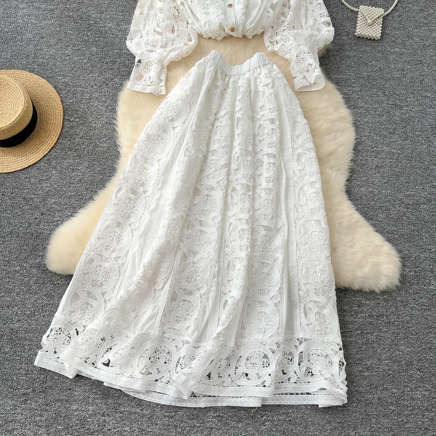 Autumn Lace Sheer Embroidered Blouse High Waist Midi Skirt Set 20