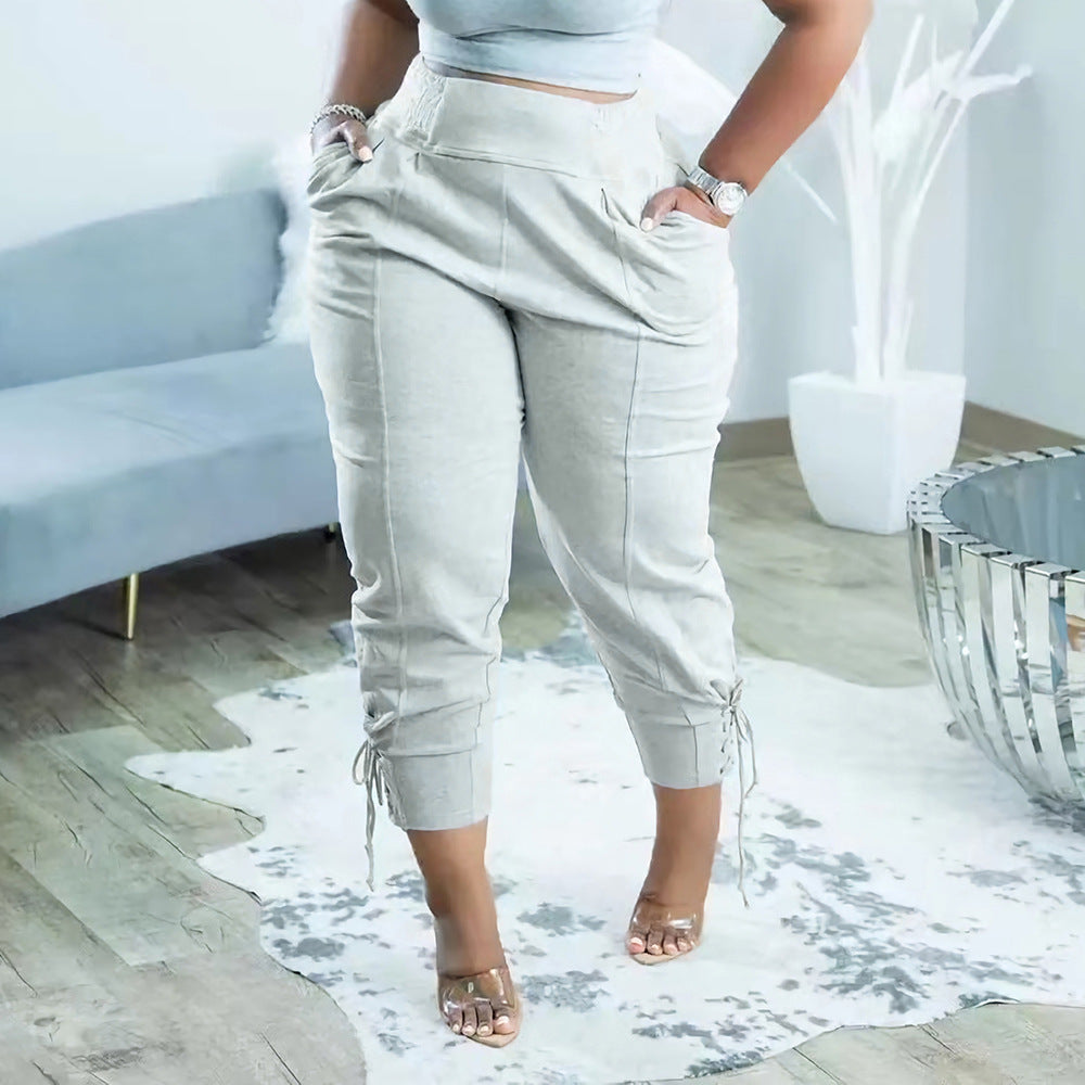 Women Summer Casual Solid Drawstring Lace-Up Stretch Trousers