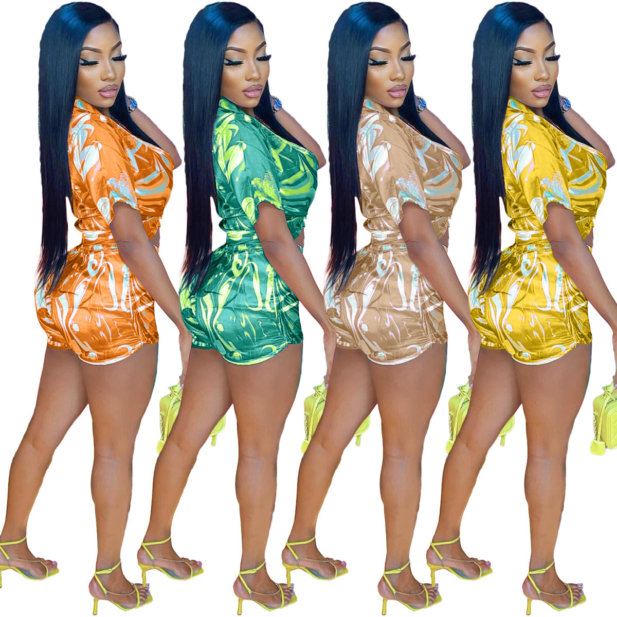 Women's Summer High Stretch Fabric Print Shirt Cropped Two Piece Shorts Set 6