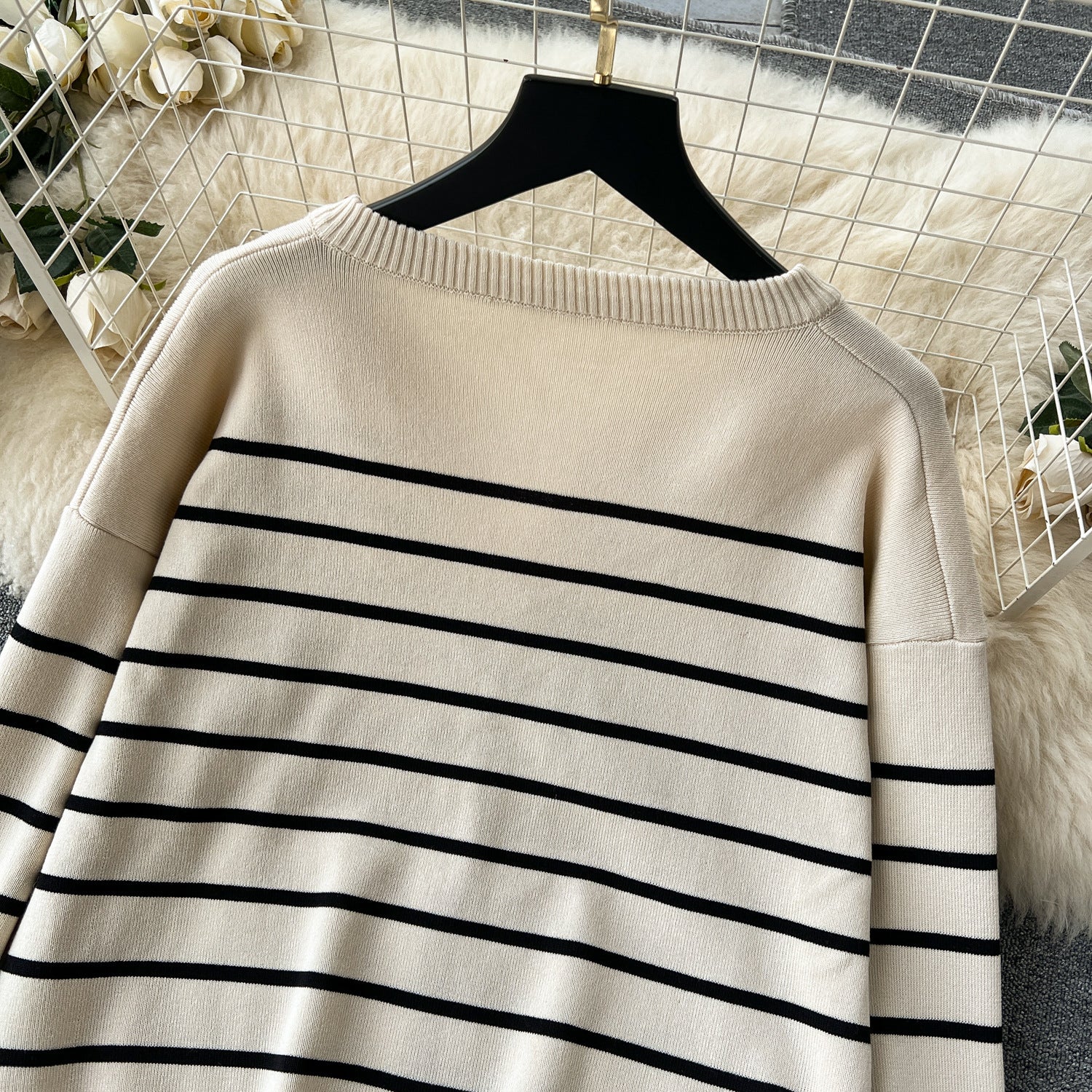 Women Casual V Neck Striped Knitting Top and Pants Two-piece Set 12
