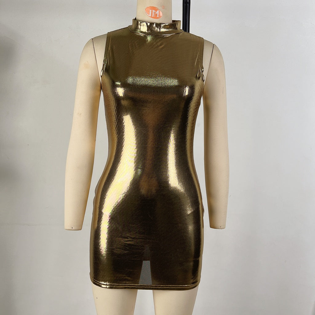 Women's Shiny Faux Leather Sleeveless Slim Waist Bodycon Dress 6